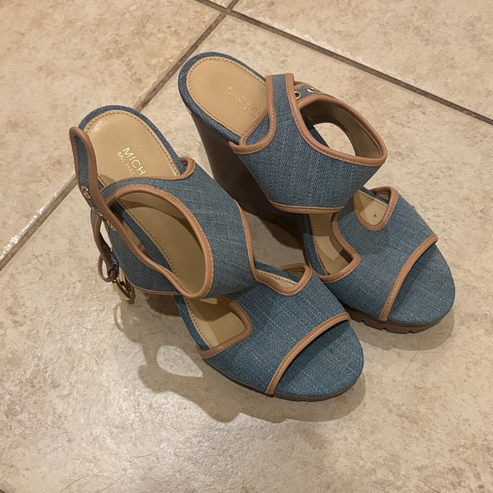 MICHAEL Michael Kors Denim and Tan Wedge Sandals